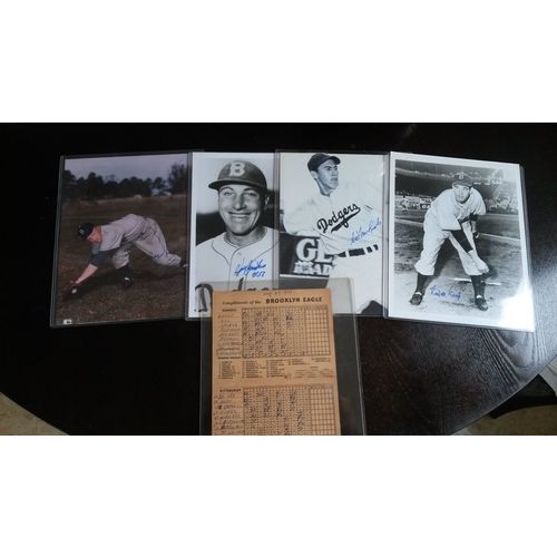 (4) Autographed Brooklyn Dodgers 8x10" Photos (1) Eagle Press Score Card