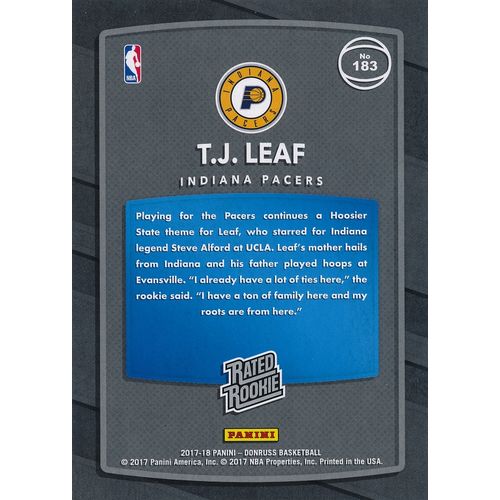2017-18 Donruss Rated Rookie 183 T.J. Leaf RC Indiana Pacers