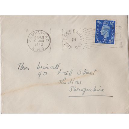 GB 1942 cover to Ludlow with Post Early in the Day slogan