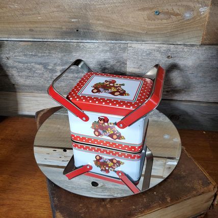 Vintage 1980's Basket Style Tin Box. Christmas Teddy Bear