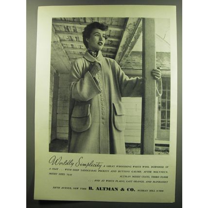 1949 B. Altman & Co. Coat Ad - Worldly Simplicity