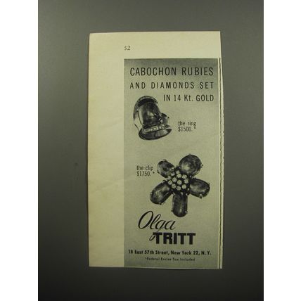 1951 Olga Tritt Ring and Clip Ad - Cabochon Rubies and diamonds set in 14 kt.