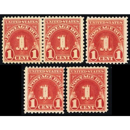 J70, Mint F-VF NH 1¢ FIVE Postage Due Stamps - Stuart Katz