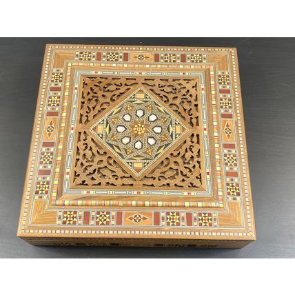 Wooden Mosaic Jewelry Box, Vintage Handmade Square Trinket, Inlaid with Mother o