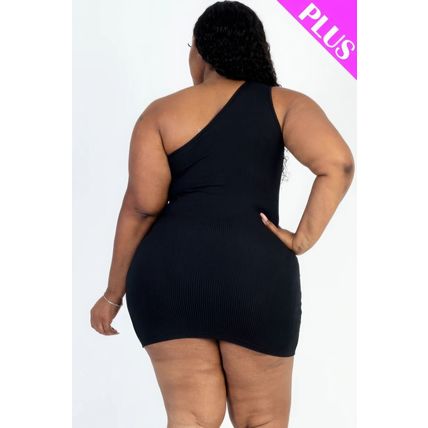 Plus Size Ribbed One Shoulder Cutout Front Casual Mini Bodycon Dress