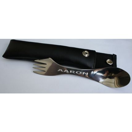 PERSONALISED STAINLESS STEEL SPORK WITH ANY NAME OR WORD & CARRY POUCH