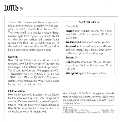 Collectors Club card. Classic Cars. Lotus 69