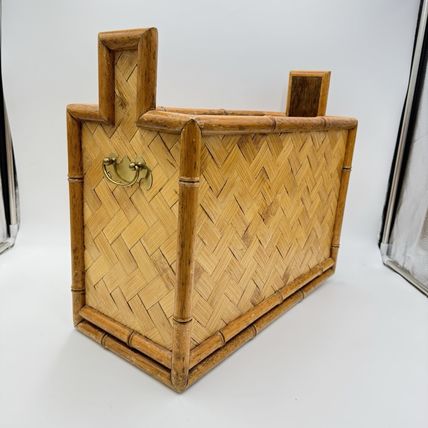 MCM Bamboo & Brass accents Wicker weave rattan magazine rack