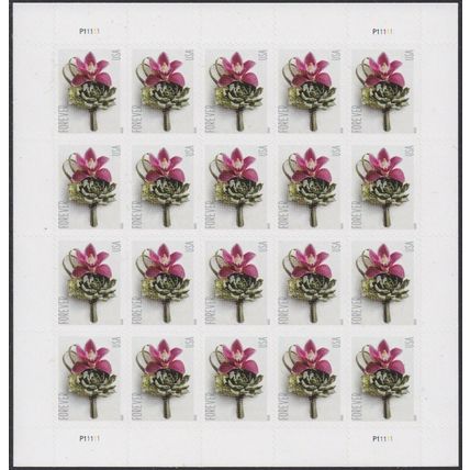 Contemporary Boutonniere Sheet of 20 Current Rate Wedding Stamps Scott 5457