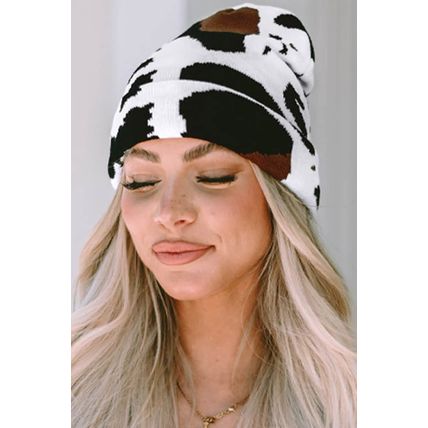 Black Cow Spots Printed Warm Beanie Hat