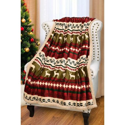 Dark Green Christmas Elk Print Reversible Sherpa Fleece Blanket 130*150cm