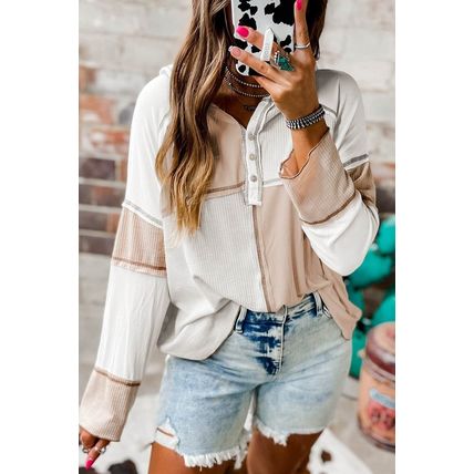 Multicolor Colorblock Seamed Ribbed Henley Hoodie