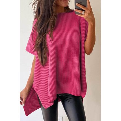 Rose Red Short Sleeve Side Slit Oversized Sweater