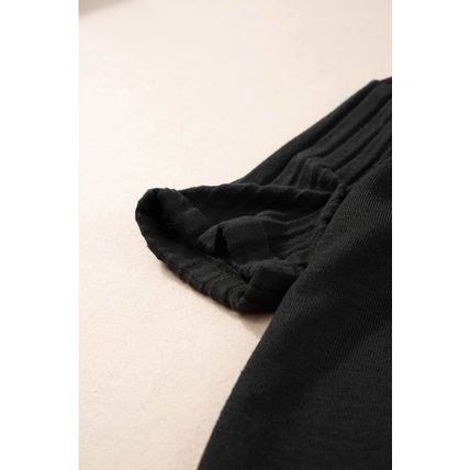 Black Ribbed Splicing Sleeve Round Neck T-shirt