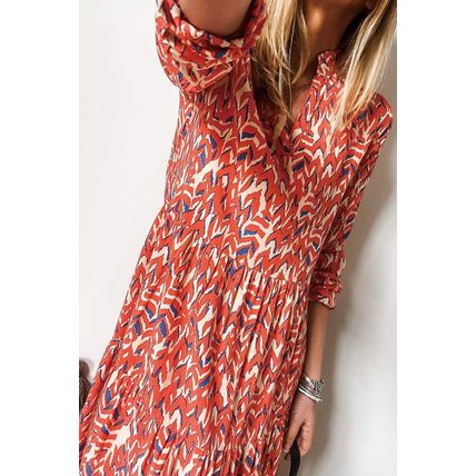 Orange Abstract Print V Neck Pleated High Waist Midi Dress
