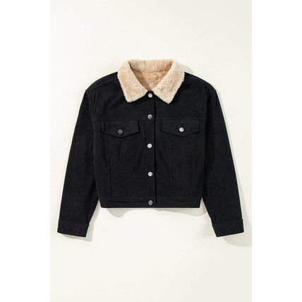 Black Fleece Lined Button-up Collared Corduroy Crop Jacket