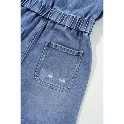 Dusk Blue Chest Pocket Front Buttoned Folded Edge Denim Short Sleeve Romper