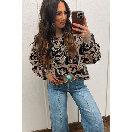 Black Bows & Horseshoes Pattern Western Fashion Print Sweater