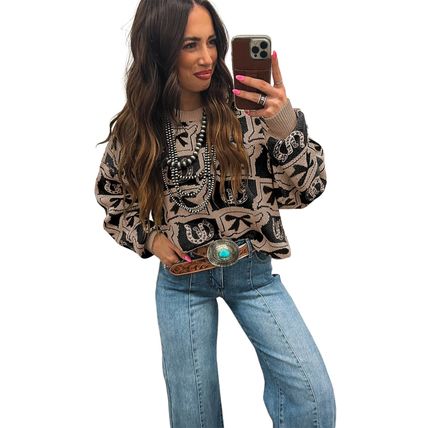 Black Bows & Horseshoes Pattern Western Fashion Print Sweater