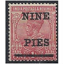 India 1921 SG192 9 Pies on 1 Anna Rose-Carmine Mounted Mint . .