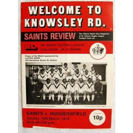 1978 programme St. Helens v. Huddersfield 19/3