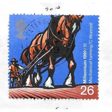 GB 1999 2000 MILLENNIUM MECHANISED FARMING OLD HORSE PLOUGH 26p USED