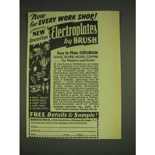 1948 Warner Electric Electroplater Ad - Now for every work shop!