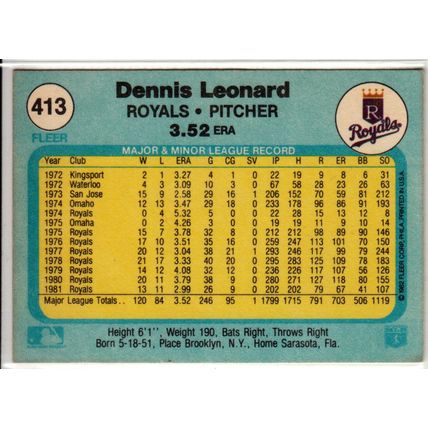 1982 Fleer baseball card 413 Dennis Leonard– Royals