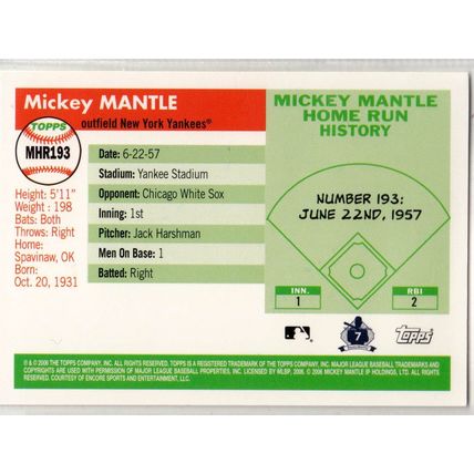 2006 Topps Mickey Mantle Home Run History baseball card #MHR193
