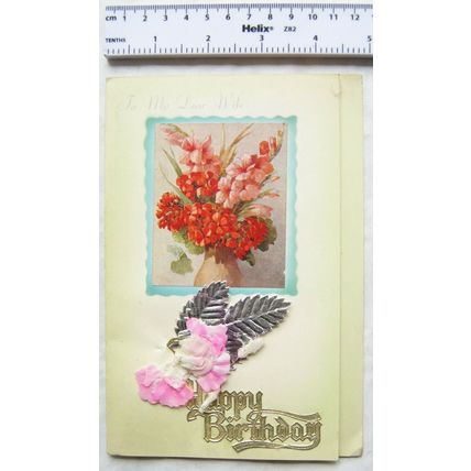 1951 Birthday card - silver leaves & flowers