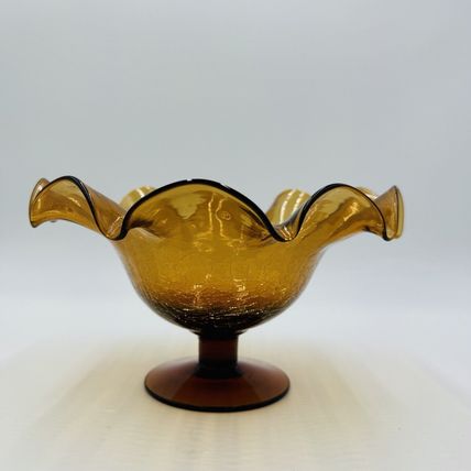 Blenko Art Glass Amberina Footed Vase Ruffled Crackled Compote 5.5in H x 9inW