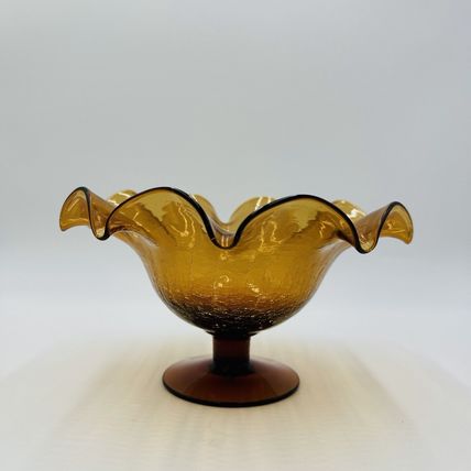 Blenko Art Glass Amberina Footed Vase Ruffled Crackled Compote 5.5in H x 9inW