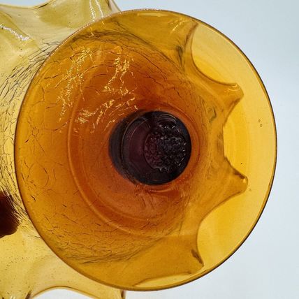 Blenko Art Glass Amberina Footed Vase Ruffled Crackled Compote 5.5in H x 9inW