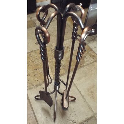 Antique Uniflame Copper Fireplace Set of 4 Poker Broom Shovel Tongs Swirl Handle