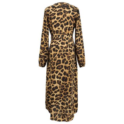 Dress Ladies Party V Neck Sundress Women Leopard Dresses Long Sleeve