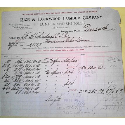 1901 Rice & Lockwood Lumber Company receipt, Springfield, MA. Sold to Bidwell Co