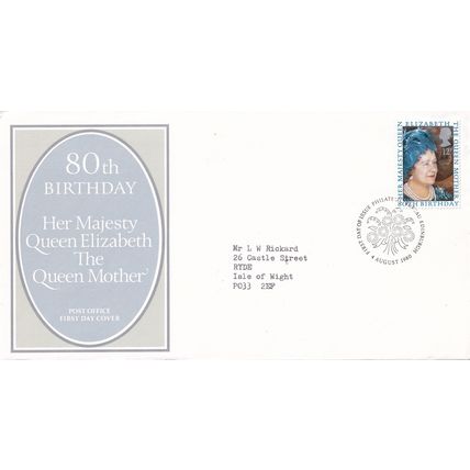 ROYAL MAIL First Day Cover AUG 1980 Postmark: HM QUEEN MOTHER 80th BIRTHDAY