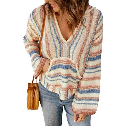 Multicolor Striped Knit Kangaroo Pocket Hooded Sweater