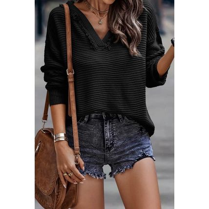 Black V Neck Ribbed Drop Shoulder Hooded Sweater