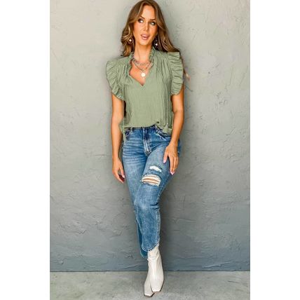 Meadow Mist Green V Neck Flutter Sleeve Textured Blouse