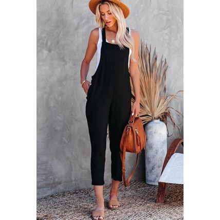 Black Adjustable Buckle Straps Cropped Jumpsuit
