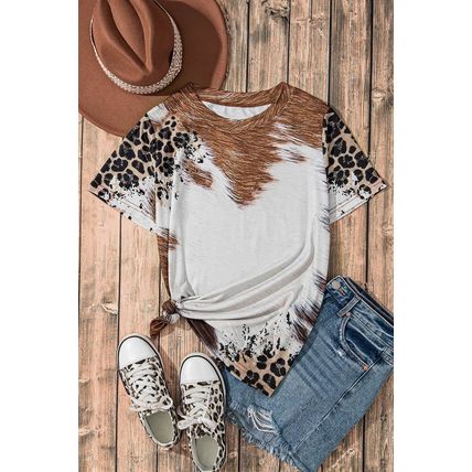 Chestnut Western Leopard Bleached Print Crew Neck T Shirt