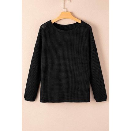 Black Waffle Knit Drop Shoulder Long Sleeve Top