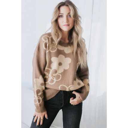 Camel Floral Drop Shoulder Ribbed Trim Sweater