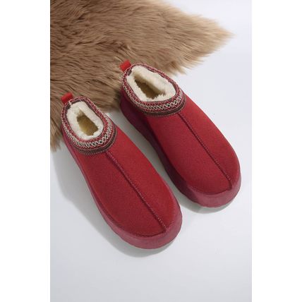 Fiery Red Suede Contrast Print Plush Lined Snow Boots