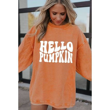 Orange HELLO PUMPKIN Letter Graphic Corded Sweatshirt