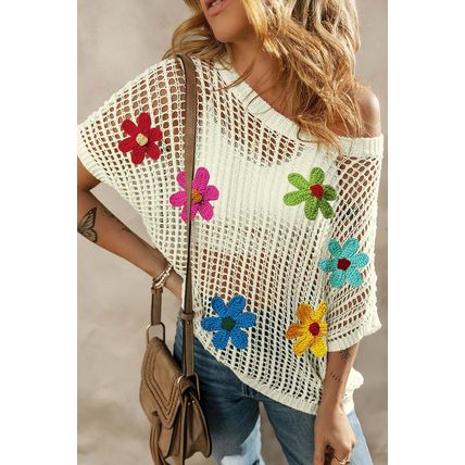 White Crochet Flower Hollow-out Sweater T Shirt
