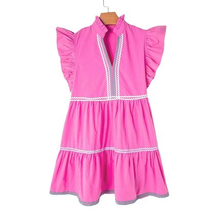 Strawberry Pink Ric Rac Colorblock Flutter Sleeve V Neck Tiered Dress
