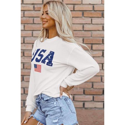 White USA Flag Corded Graphic Sweatshirt