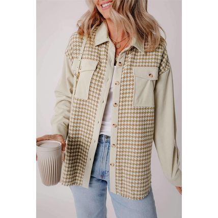 Parchment Houndstooth Corduroy Patchwork Flap Pocket Shacket